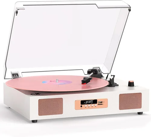 Vista 11 de Tocadiscos de vinilo vintage con altavoces integrados, tocadiscos de 3 velocidades por correa, reproducción Bluetooth, grabación USB/TF, parada