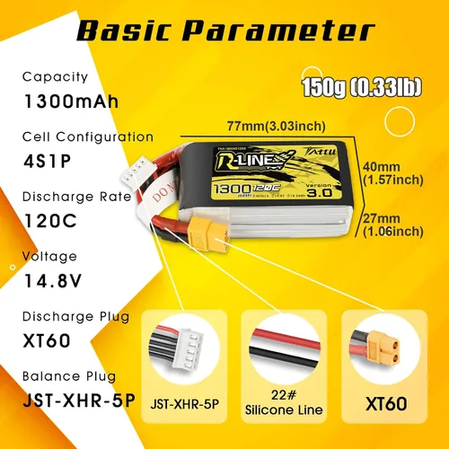 Vista 3 de TATTU RLine versión 3.0 1300mAh 14.8V 120C 4S LiPo Batería con XT60 Plug para RC Barco Camión Heli Avión UAV Drones FPV