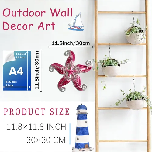 Vista 4 de Arte de decoración de pared para exteriores con estrella de mar, escultura colgante de metal y vidrio de 12 pulgadas para interiores y exteriores