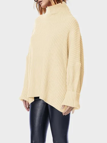 Vista 5 de Langwyqu Suéteres de cuello alto de gran tamaño para mujer, manga larga de murciélago, de punto acanalado, casual, holgados, túnica