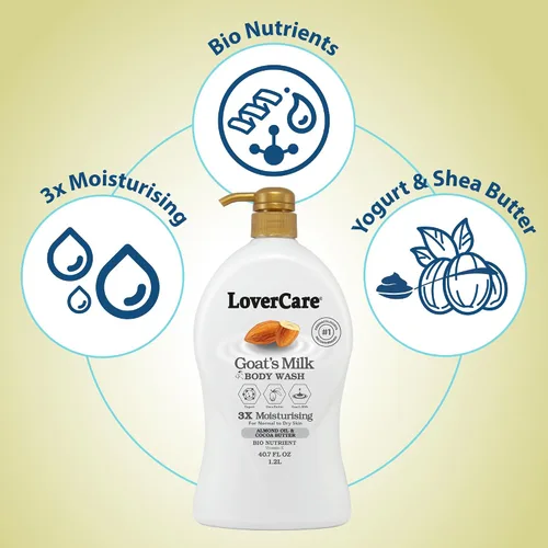 Vista 4 de Lovercare Crema de ducha de leche de cabra 3x hidratante más bio nutriente (aceite de almendras y manteca de cacao) 40.7 fl oz