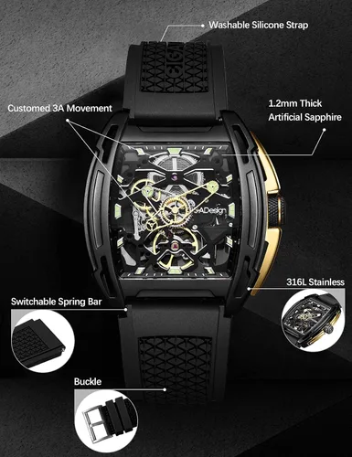 Vista 5 de CIGADesign - Reloj esqueleto automático mecánico, de acero inoxidable, replica de Tonneau, casual, de pulsera, impermeable, cristal de zafiro