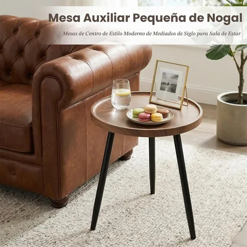 Vista 5 de danpinera Mesa auxiliar redonda, mesa decorativa con patas de metal con bandeja de madera, mesa auxiliar redonda pequeña para sala de estar
