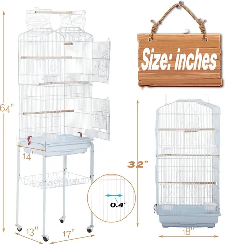 Vista 7 de Jaula para periquitos de 64 pulgadas con parte superior abierta, accesorios para jaula de loros con soporte rodante para cacatúas, periquitos