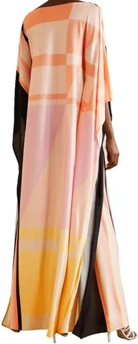Vista 2 de Vestido largo de seda satinada con estampado de diseñador para mujer, caftán Kurta, caftán para playa, caftán de seda larga, caftán de fiesta
