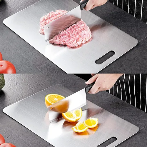 Vista 7 de Tabla de cortar de acero inoxidable para cocina, tabla de cortar resistente (XL, 16.1 pulgadas de largo x 12.6 pulgadas de ancho)