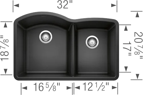 Vista 3 de BLANCO, Anthracite 440179 DIAMOND SILGRANIT 60/40 - Fregadero de cocina con doble cuenco con división baja, 32 x 21 pulgadas