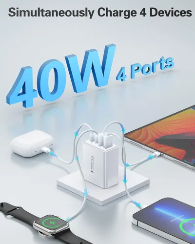 Vista 3 de Paquete de 2 cargadores de carga rápida para iPhone 14 y 13, 40 W, 4 puertos USB C, bloque de cargadores con cable USB C a Lightning de 6 pies