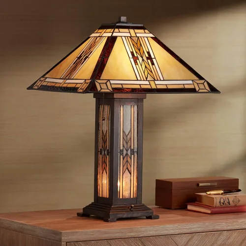 Vista 3 de Franklin Iron Works Drake Mission Collection 25 1/2" de alto, lámpara de mesa estilo Tiffany de estilo granja rústico sudoccidental, luz nocturna