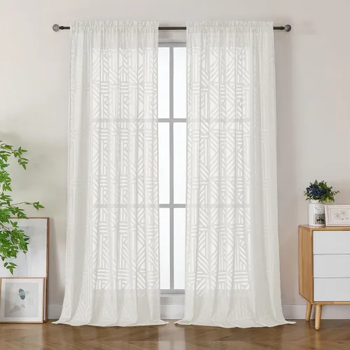 Vista 95 de Simplebrand Cortinas traslúcidas negras de cocina de 24 pulgadas de largo, 2 paneles, filtrado de luz, geométrico jacquard con textura, cortinas