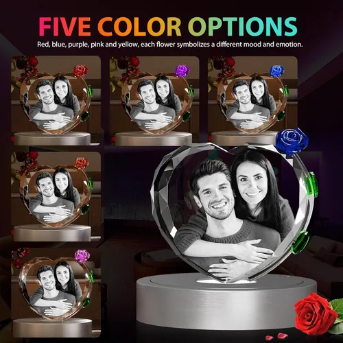 Vista 4 de 3D Crystal Photo with Red Crystal Rose, Personalized Mothers Day Gifts for Mom, Wife, Women, Her, Girlfriend, Couple, Customized Glass Photo