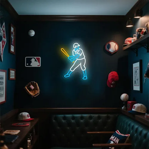 Vista 8 de Letrero de neón de jugador de béisbol, luz LED regulable de béisbol y decoración de pared para dormitorio de niños, cueva de hombres y fiestas