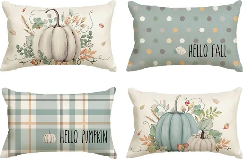 Vista 12 de AVOIN colorlife Juego de 4 fundas de almohada de Hello Fall Hello Pumpkin de 16 x 16 pulgadas, cosecha de Acción de Gracias de otoño, decoración