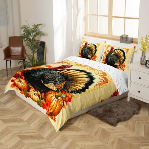Vista 6 de Erosebridal Juego de funda de edredón individual de pavo de Acción de Gracias, juego de ropa de cama de calabaza y hojas de otoño para niños