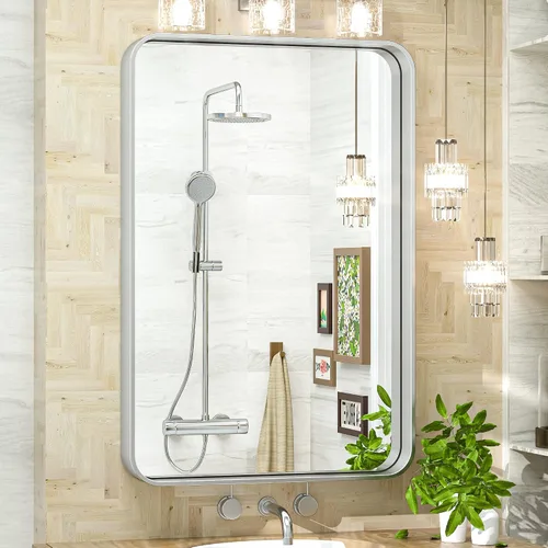 Vista 49 de TokeShimi Espejo de pared de baño de níquel cepillado de 20 x 30 pulgadas, marco de metal, esquina redonda, rectangular, para decoración del hogar