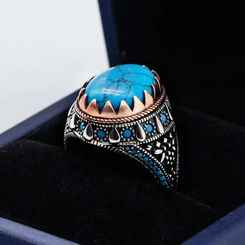 Vista 4 de AROTOROM Retro Turquoise Ring for Men in 925 Sterling Silver Oval Sky Blue Stone Ring Life Track Significance Turkish Handmade Engraved Silver Ring