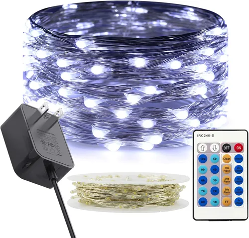 Vista 14 de RUICHEN Guirnalda de luces regulables enchufables de 33 pies, 100 luces LED de alambre plateado con control remoto, color naranja