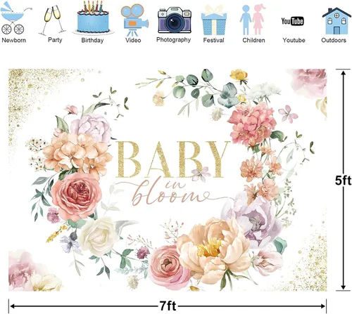 Vista 3 de Glawry Baby in Bloom - Telón de fondo de 7 pulgadas de ancho x 5 pies de alto, rosa, floral, para niñas, acuarela, peonía, hojas de flor de rosa