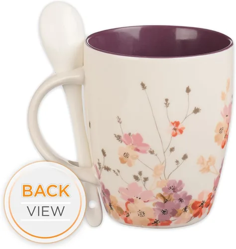 Vista 2 de Taza de café y té con escritura de Christian Art Gifts con juego de cucharas de cerámica para mujeres: Be Still and Know - Salmo 46:10 Mensaje