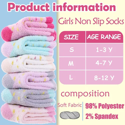 Vista 6 de ANTSANG Calcetines mullidos con agarres antideslizantes para niños y niñas, calcetines mullidos y acogedores de felpa cálidos, paquete de 6