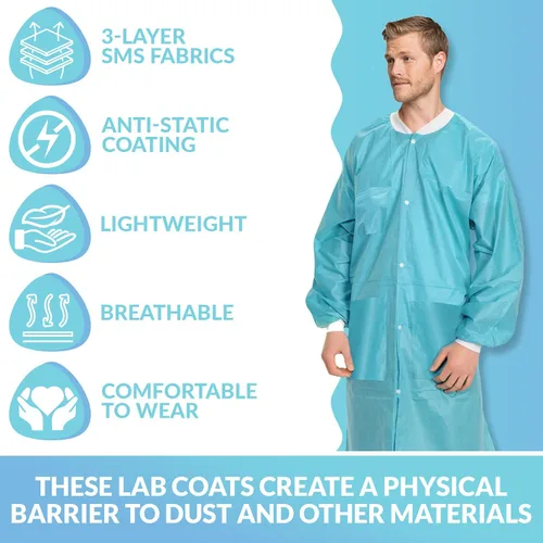 Vista 4 de 10 abrigos de laboratorio desechables Abrigo de laboratorio reutilizable duradero de 1.76 oz SMS hasta la rodilla con puños y bolsillos de punto