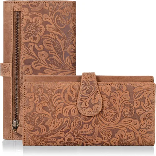 Vista 9 de Cartera de cuero genuino para mujer de cuero con bloqueo RFID - Tarjetero triple de diseñador para damas tipo clutch con ventana de identificación