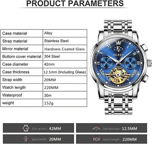 Vista 7 de OLEVS Relojes mecánicos automáticos para hombre, cuerda automática, impermeable, de acero inoxidable, reloj de pulsera de lujo costoso, pulsera