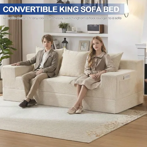 Vista 8 de Sofá cama convertible 2 en 1 sin hueso, sofá cama futón de pana, sofá plegable de compresión, sofá cama con 3 almohadas para dormitorio, sala