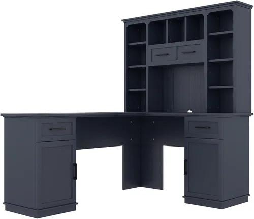 Vista 4 de RUNNA Escritorio para computadora en forma de L para el hogar y la oficina con almacenamiento (azul antiguo # 048)