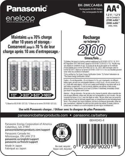 Vista 2 de Eneloop Panasonic BK-3MCCA4BA pilas recargables AA de 2100 ciclos Ni-MH, precargadas, paquete de 4