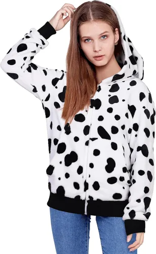 Vista 5 de AOTHSO Disfraz de sudadera con capucha de perro dálmatas para Halloween, sudadera con capucha suave con cremallera frontal con bolsillos, cola