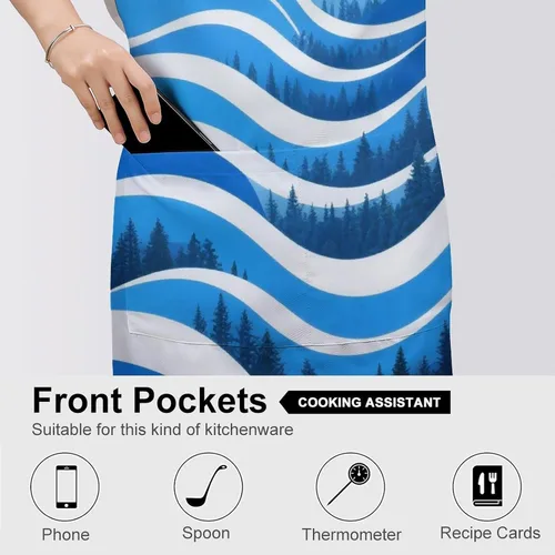 Vista 5 de MUSM Apron for Adults - 27.6 X 31.5 Inch, Heavy-Duty Polyester Aprons with Two Large Pockets, Waterproof Forest Abstract Wave Kitchen Apron for