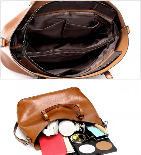Vista 3 de Bolso de hombro con asa superior para mujer bolso de mano de tamaño grande bolso de hombro de cuero vintage con hebilla de metal café