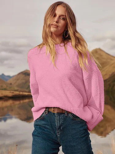 Vista 30 de LOGENE Suéter de gran tamaño para mujer, cuello redondo, manga larga, suave, mullido, suéter de punto 2025 para otoño e invierno