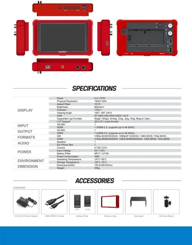 Vista 5 de Lilliput Monitor de cámara FS5 5.4 pulgadas 60HZ 4K HDMI 2.0 3G 3D-LUT SDI Video Assist 1920 * 1200 Full HD con funda de silicona