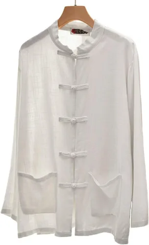 Vista 2 de LUZU JUNU Blusa casual de algodón y lino con botones para mujer, manga larga, holgada, con bolsillos