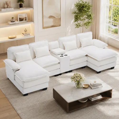 Vista 11 de Sofá modular en forma de U de 132 pulgadas, sofá modular para sala de estar, sofá moderno de pana de felpa de gran tamaño con consola central Negro