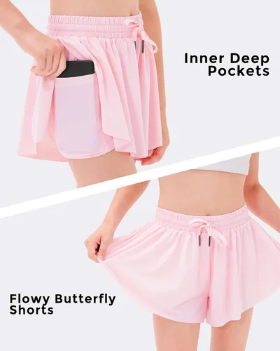 Vista 4 de Stelle Pantalones cortos fluidos con bolsillos para niñas, falda atlética para correr, cintura alta, mariposa, 2 en 1, pantalones cortos deportivos