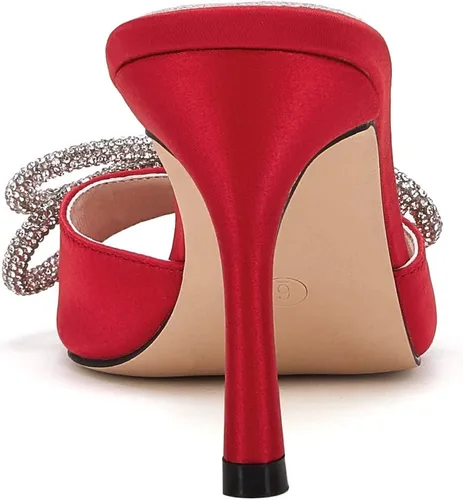 Vista 5 de VETASTE Women's Heeled Sandals Square Open Toe Double Bow Satin Mules Heels Wedding Party Slip on Stilettos