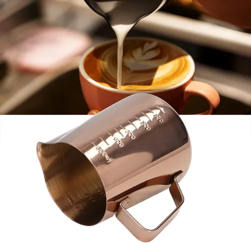 Vista 6 de Taza de espuma, jarra de leche de café 550ML con escala Jarra de vapor de acero inoxidable de oro rosa