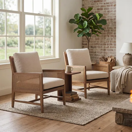 Vista 7 de chairus Silla decorativa moderna Mid-Century de madera maciza tapizada con reposabrazos de caña y respaldo de listones, cómoda silla de lectura