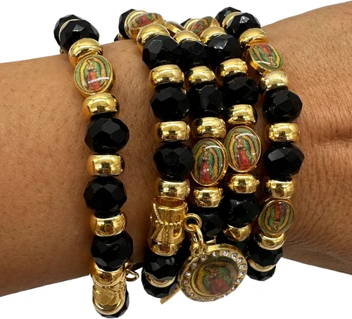 Vista 2 de RBN Pulsera de cuentas negras Virgen María con cuentas de protección de prosperidad buena suerte, pulsera de la Virgen María Color Negro Católica