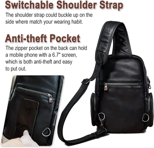 Vista 6 de CENUNCO Bolso bandolera de cuero genuino para hombre, mochila cruzada, casual, senderismo, motocicleta, bolsa de pecho antirrobo, bolso de viaje
