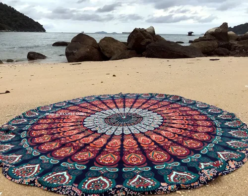 Vista 3 de Tapiz Raajsee de pared, diseño de mandala Azul Naranja