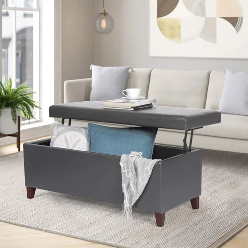 Vista 8 de Joveco Mesa auxiliar rectangular con bandeja elevadora, banco otomano de almacenamiento con patas de metal, banco tapizado en el extremo de la cama