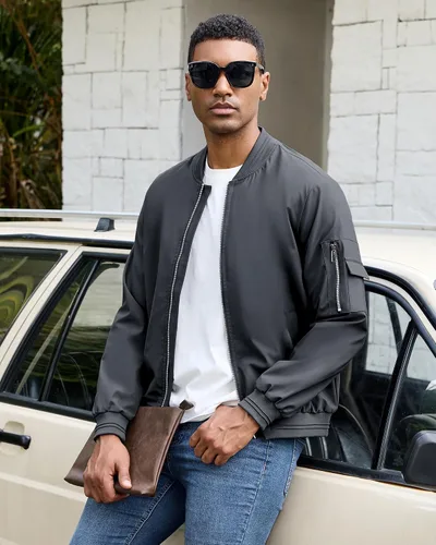 Vista 12 de Polu Chaquetas bomber para hombre con bolsillos, chaquetas cortavientos ligeras, cremallera de 2 vías, abrigo casual de negocios para otoño e