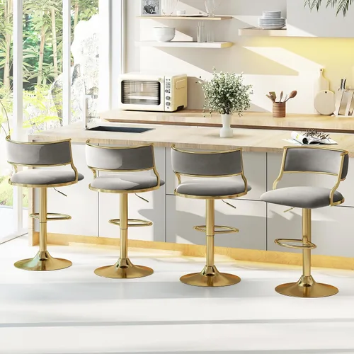 Vista 8 de COSTWAY Taburete giratorio moderno de altura ajustable, juego de 2, gris y dorado Velvet Upholstered Island Stools with Barrel Back & Footrest