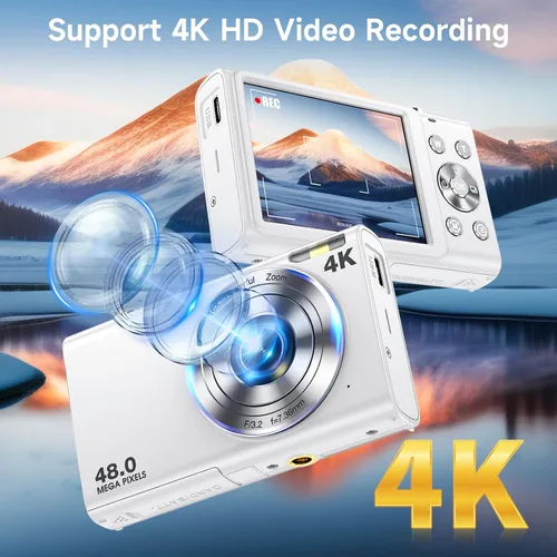 Vista 3 de Cámara digital, enfoque automático de 48 megapíxeles UHD 4K para videoblogs, zoom digital 16X, cámara digital compacta portátil de apuntar