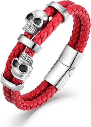 Vista 13 de Pulsera de Cuero de Doble Fila con Calavera para Hombre, Pulsera Trenzada con Calavera Negra o Plateada para Hombre, Joyería Punk Masculina