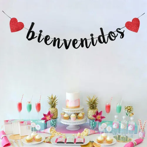 Vista 3 de TENNYCHAOR Cartel de Bienvenidos - Decoración de bienvenida mexicana con purpurina negra, decoración de fiesta de bienvenida española para el hogar